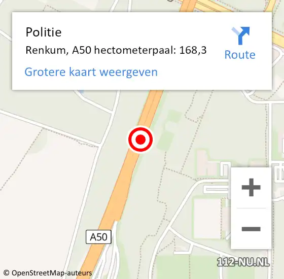 Locatie op kaart van de 112 melding: Politie Renkum, A50 hectometerpaal: 168,3 op 21 september 2023 07:01