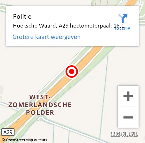 Locatie op kaart van de 112 melding: Politie Hoeksche Waard, A29 hectometerpaal: 15,1 op 21 september 2023 07:18