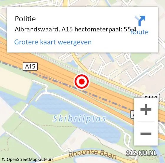 Locatie op kaart van de 112 melding: Politie Albrandswaard, A15 hectometerpaal: 55,4 op 21 september 2023 07:59