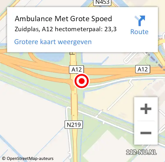 Locatie op kaart van de 112 melding: Ambulance Met Grote Spoed Naar Zuidplas, A12 hectometerpaal: 23,3 op 21 september 2023 08:36