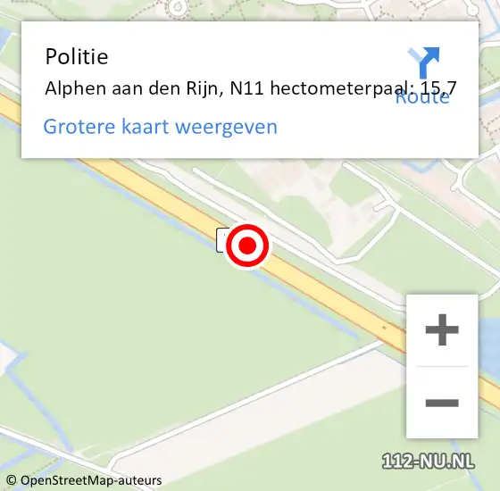 Locatie op kaart van de 112 melding: Politie Alphen aan den Rijn, N11 hectometerpaal: 15,7 op 21 september 2023 09:37