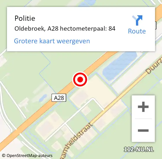 Locatie op kaart van de 112 melding: Politie Oldebroek, A28 hectometerpaal: 84 op 21 september 2023 11:43