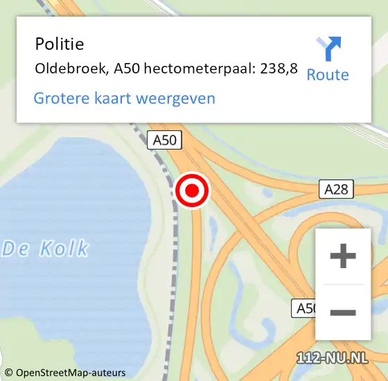 Locatie op kaart van de 112 melding: Politie Oldebroek, A50 hectometerpaal: 238,8 op 21 september 2023 11:43