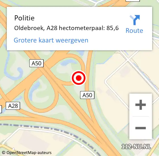 Locatie op kaart van de 112 melding: Politie Oldebroek, A28 hectometerpaal: 85,6 op 21 september 2023 11:44