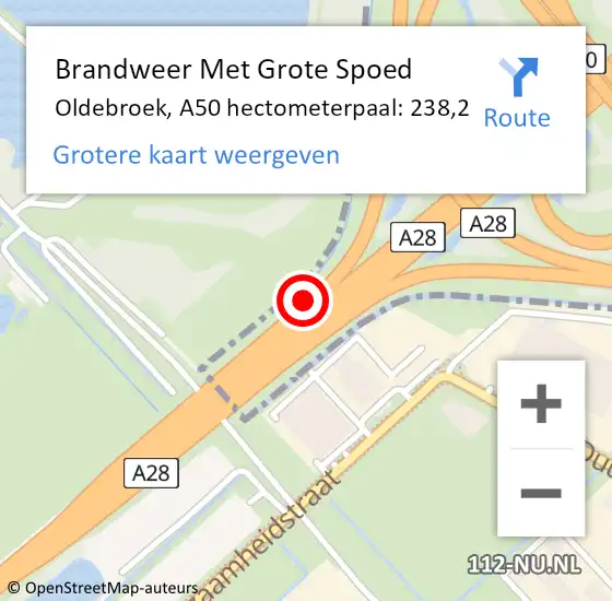 Locatie op kaart van de 112 melding: Brandweer Met Grote Spoed Naar Oldebroek, A50 hectometerpaal: 238,2 op 21 september 2023 11:49