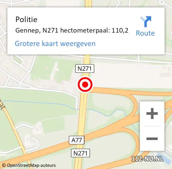 Locatie op kaart van de 112 melding: Politie Gennep, N271 hectometerpaal: 110,2 op 21 september 2023 12:43