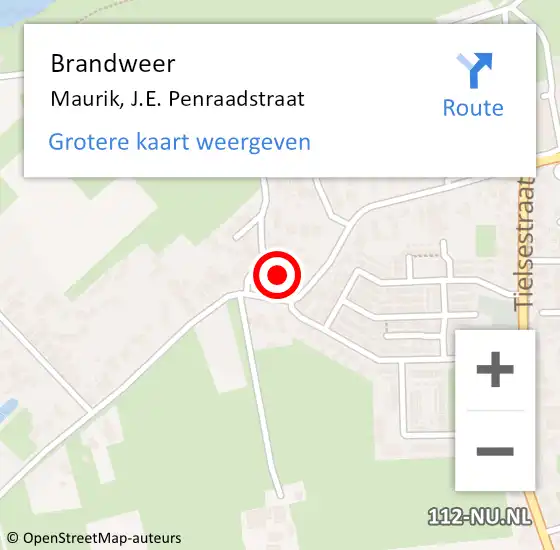 Locatie op kaart van de 112 melding: Brandweer Maurik, J.E. Penraadstraat op 21 september 2023 14:46