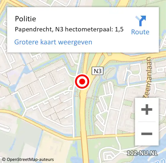 Locatie op kaart van de 112 melding: Politie Papendrecht, N3 hectometerpaal: 1,5 op 21 september 2023 16:22