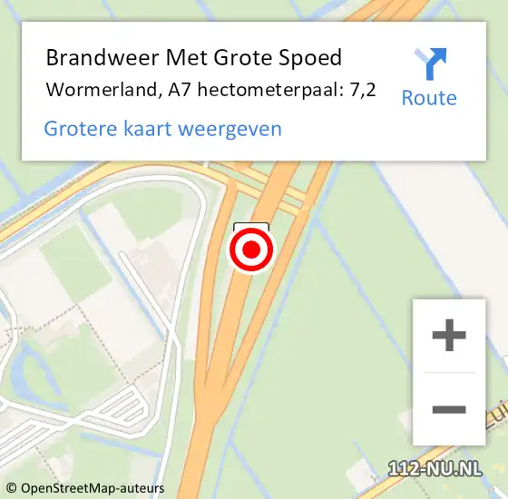 Locatie op kaart van de 112 melding: Brandweer Met Grote Spoed Naar Wormerland, A7 hectometerpaal: 7,2 op 21 september 2023 16:55