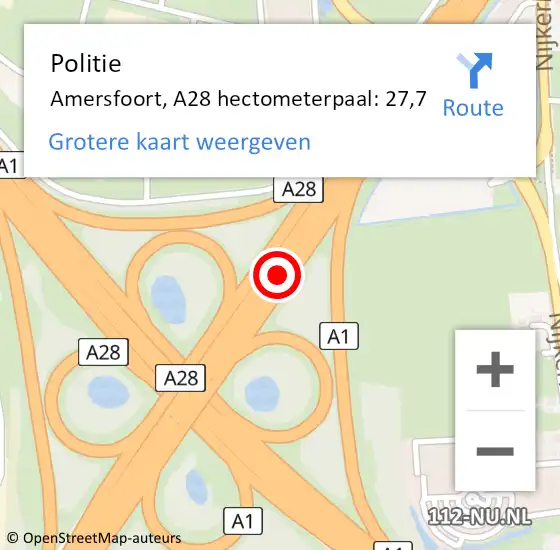 Locatie op kaart van de 112 melding: Politie Amersfoort, A28 hectometerpaal: 27,7 op 21 september 2023 17:40
