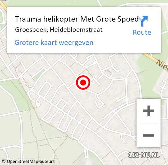 Locatie op kaart van de 112 melding: Trauma helikopter Met Grote Spoed Naar Groesbeek, Heidebloemstraat op 21 september 2023 18:31