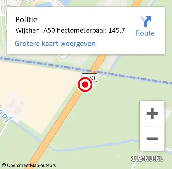 Locatie op kaart van de 112 melding: Politie Wijchen, A50 hectometerpaal: 145,7 op 21 september 2023 18:57
