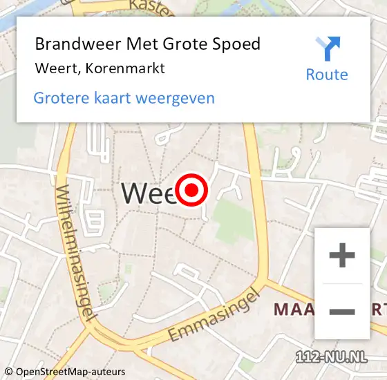 Locatie op kaart van de 112 melding: Brandweer Met Grote Spoed Naar Weert, Korenmarkt op 21 september 2023 19:32