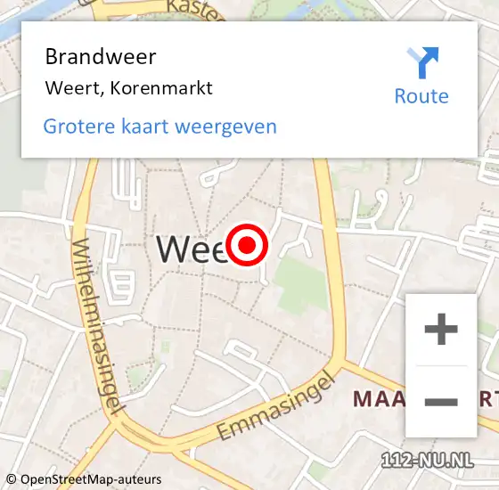 Locatie op kaart van de 112 melding: Brandweer Weert, Korenmarkt op 21 september 2023 19:37