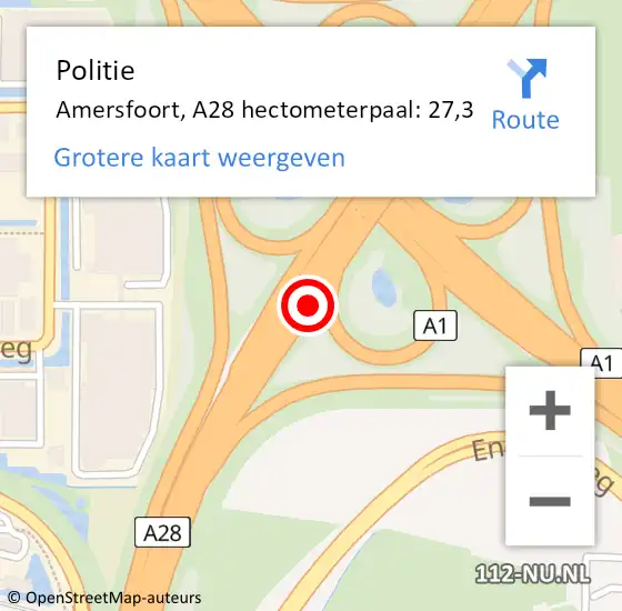 Locatie op kaart van de 112 melding: Politie Amersfoort, A28 hectometerpaal: 27,3 op 21 september 2023 20:37