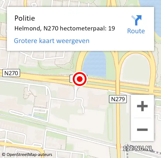 Locatie op kaart van de 112 melding: Politie Helmond, N270 hectometerpaal: 19 op 21 september 2023 21:29