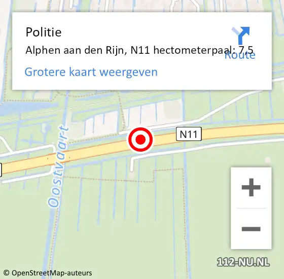 Locatie op kaart van de 112 melding: Politie Alphen aan den Rijn, N11 hectometerpaal: 7,5 op 21 september 2023 22:54