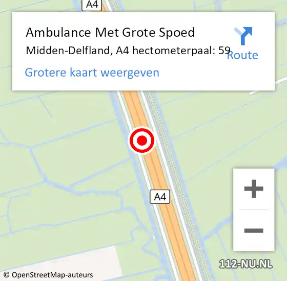 Locatie op kaart van de 112 melding: Ambulance Met Grote Spoed Naar Midden-Delfland, A4 hectometerpaal: 59 op 22 september 2023 09:06