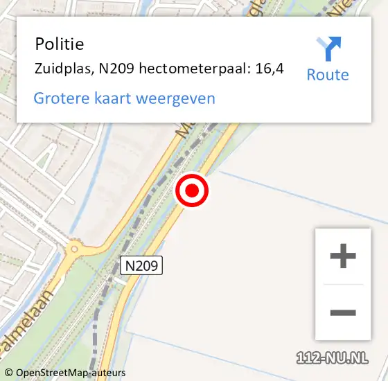 Locatie op kaart van de 112 melding: Politie Zuidplas, N209 hectometerpaal: 16,4 op 22 september 2023 09:08