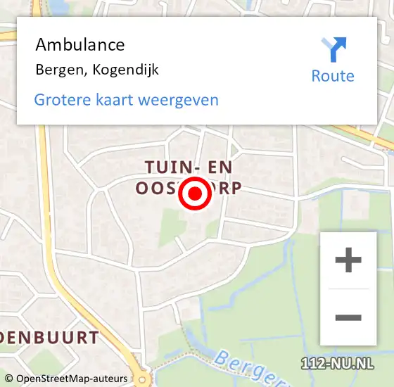 Locatie op kaart van de 112 melding: Ambulance Bergen, Kogendijk op 22 september 2023 10:14