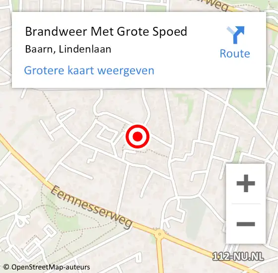 Locatie op kaart van de 112 melding: Brandweer Met Grote Spoed Naar Baarn, Lindenlaan op 22 september 2023 11:09