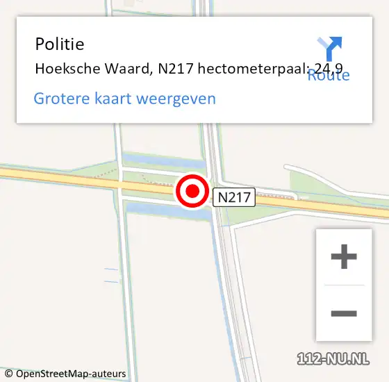 Locatie op kaart van de 112 melding: Politie Hoeksche Waard, N217 hectometerpaal: 24,9 op 22 september 2023 11:44
