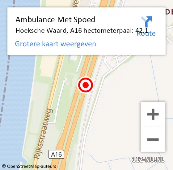 Locatie op kaart van de 112 melding: Ambulance Met Spoed Naar Hoeksche Waard, A16 hectometerpaal: 42,1 op 22 september 2023 12:59