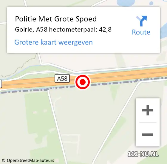 Locatie op kaart van de 112 melding: Politie Met Grote Spoed Naar Goirle, A58 hectometerpaal: 42,8 op 22 september 2023 14:05