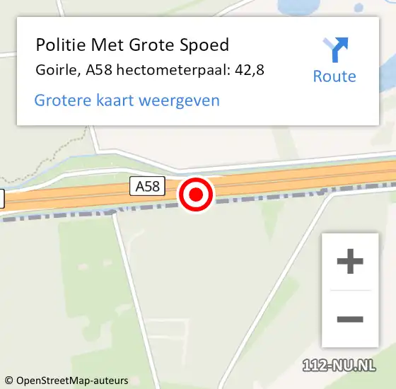 Locatie op kaart van de 112 melding: Politie Met Grote Spoed Naar Goirle, A58 hectometerpaal: 42,8 op 22 september 2023 14:07