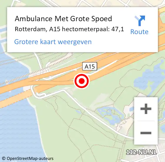 Locatie op kaart van de 112 melding: Ambulance Met Grote Spoed Naar Rotterdam, A15 hectometerpaal: 47,1 op 22 september 2023 14:22