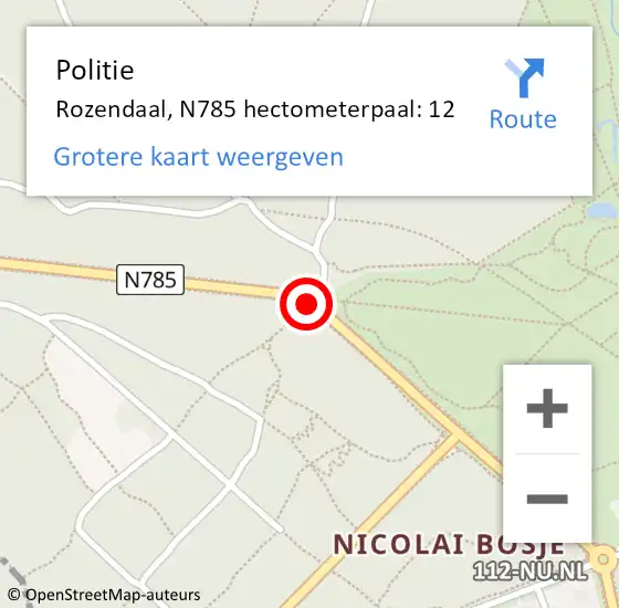 Locatie op kaart van de 112 melding: Politie Rozendaal, N785 hectometerpaal: 12 op 22 september 2023 16:23