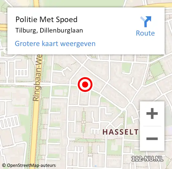 Locatie op kaart van de 112 melding: Politie Met Spoed Naar Tilburg, Dillenburglaan op 22 september 2023 16:38