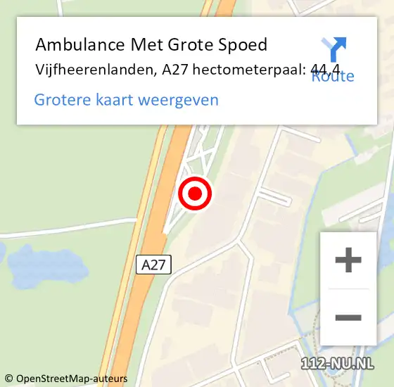 Locatie op kaart van de 112 melding: Ambulance Met Grote Spoed Naar Vijfheerenlanden, A27 hectometerpaal: 44,4 op 22 september 2023 16:48