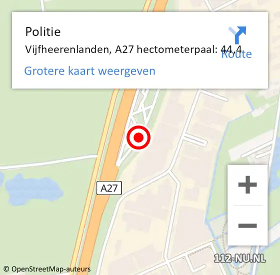 Locatie op kaart van de 112 melding: Politie Vijfheerenlanden, A27 hectometerpaal: 44,4 op 22 september 2023 16:49