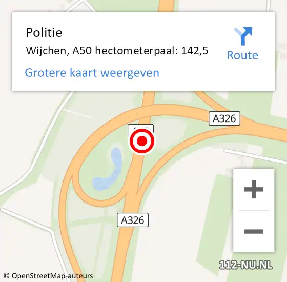 Locatie op kaart van de 112 melding: Politie Wijchen, A50 hectometerpaal: 142,5 op 22 september 2023 17:29