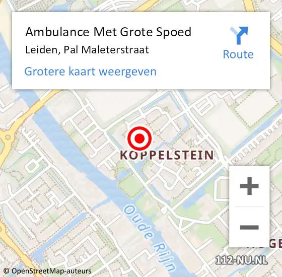 Locatie op kaart van de 112 melding: Ambulance Met Grote Spoed Naar Leiden, Pal Maleterstraat op 22 september 2023 20:55
