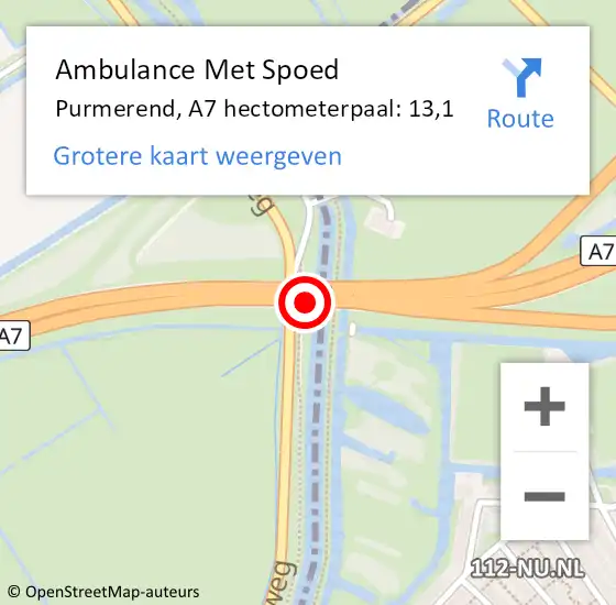 Locatie op kaart van de 112 melding: Ambulance Met Spoed Naar Purmerend, A7 hectometerpaal: 13,1 op 22 september 2023 21:22