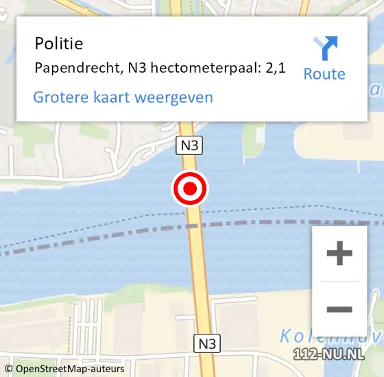 Locatie op kaart van de 112 melding: Politie Papendrecht, N3 hectometerpaal: 2,1 op 22 september 2023 21:34