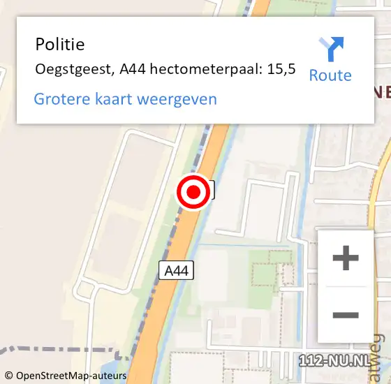 Locatie op kaart van de 112 melding: Politie Oegstgeest, A44 hectometerpaal: 15,5 op 22 september 2023 21:56