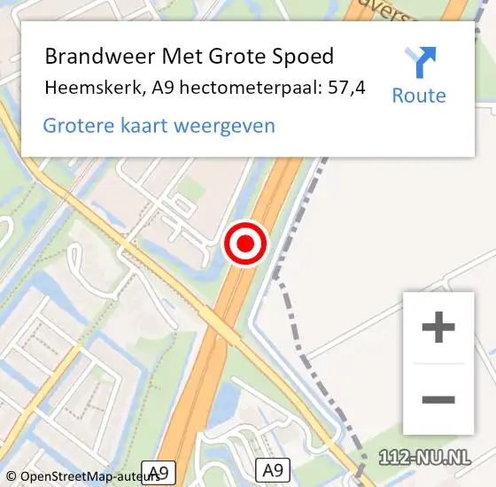 Locatie op kaart van de 112 melding: Brandweer Met Grote Spoed Naar Heemskerk, A9 hectometerpaal: 57,4 op 22 september 2023 22:38