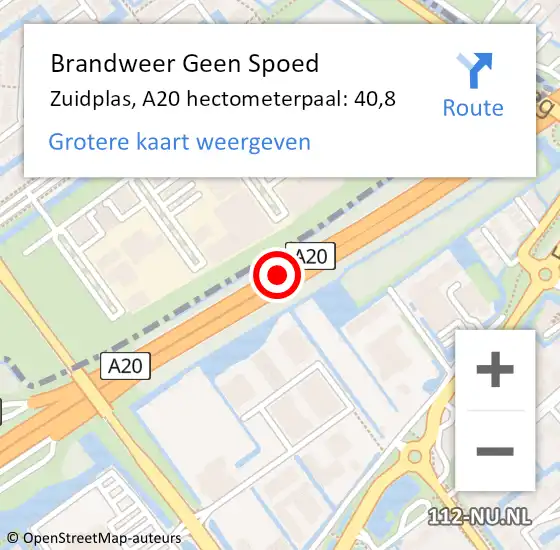 Locatie op kaart van de 112 melding: Brandweer Geen Spoed Naar Zuidplas, A20 hectometerpaal: 40,8 op 22 september 2023 23:57