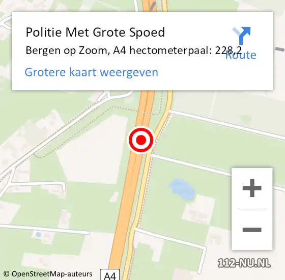 Locatie op kaart van de 112 melding: Politie Met Grote Spoed Naar Bergen op Zoom, A4 hectometerpaal: 228,2 op 23 september 2023 00:28