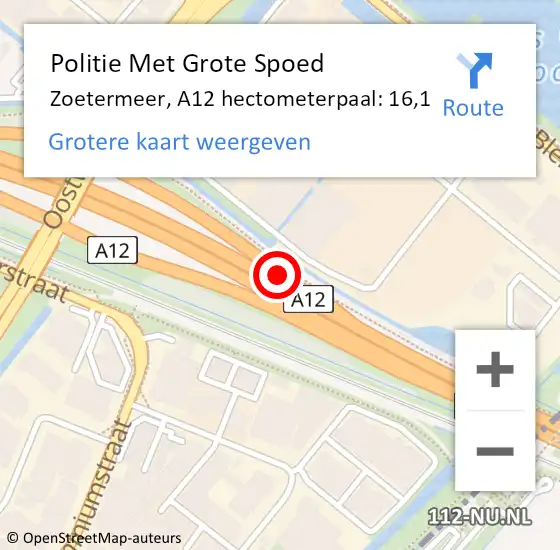 Locatie op kaart van de 112 melding: Politie Met Grote Spoed Naar Zoetermeer, A12 hectometerpaal: 16,1 op 23 september 2023 01:12