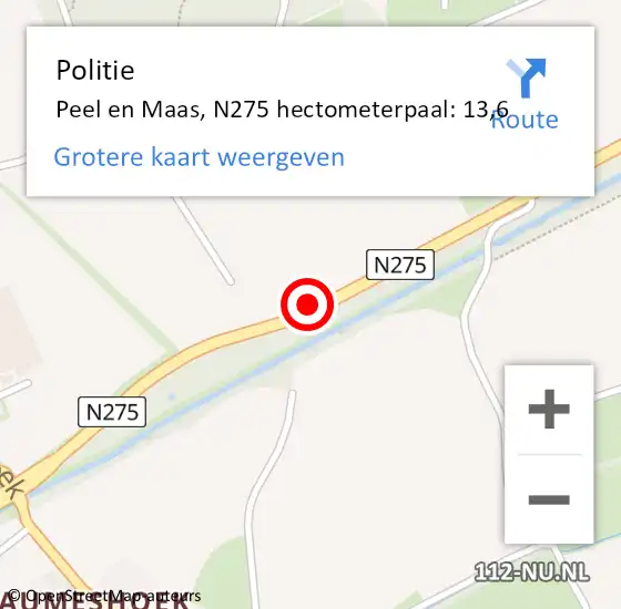 Locatie op kaart van de 112 melding: Politie Peel en Maas, N275 hectometerpaal: 13,6 op 23 september 2023 01:36