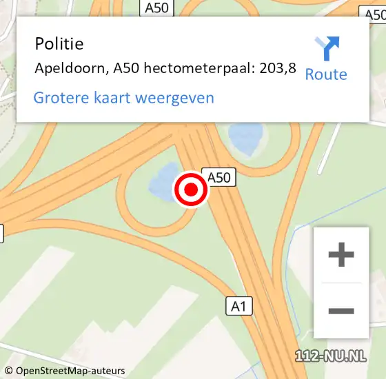 Locatie op kaart van de 112 melding: Politie Apeldoorn, A50 hectometerpaal: 203,8 op 23 september 2023 09:00