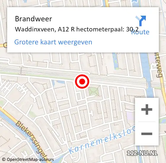 Locatie op kaart van de 112 melding: Brandweer Waddinxveen, A12 R hectometerpaal: 30,2 op 9 september 2014 08:46