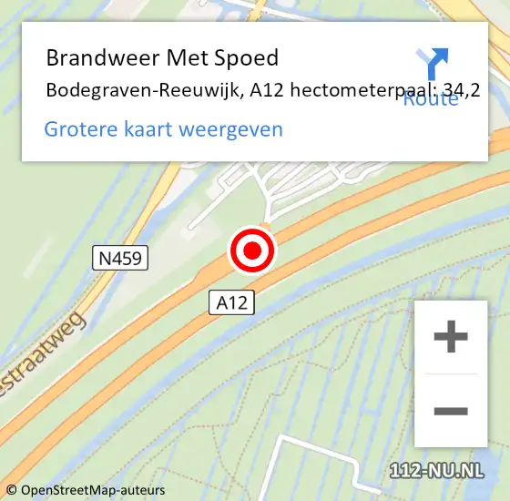 Locatie op kaart van de 112 melding: Brandweer Met Spoed Naar Bodegraven-Reeuwijk, A12 hectometerpaal: 34,2 op 23 september 2023 13:54