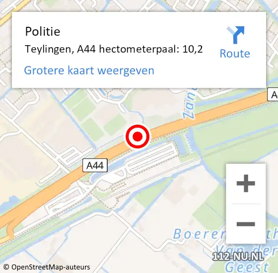 Locatie op kaart van de 112 melding: Politie Teylingen, A44 hectometerpaal: 10,2 op 23 september 2023 15:40