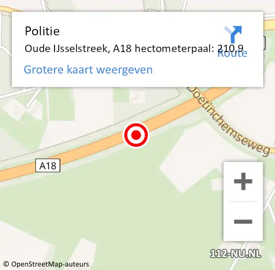 Locatie op kaart van de 112 melding: Politie Oude IJsselstreek, A18 hectometerpaal: 210,9 op 23 september 2023 16:48