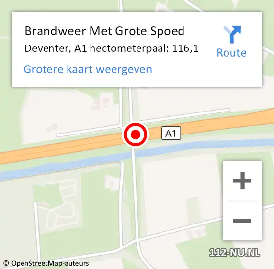 Locatie op kaart van de 112 melding: Brandweer Met Grote Spoed Naar Deventer, A1 hectometerpaal: 116,1 op 23 september 2023 16:56